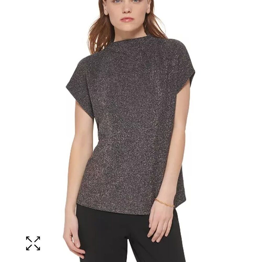 Calvin Klein - Blouse Metallic Knit Cap Sleeve Mock Neck - Size L - Black Silver - Picture 7 of 9